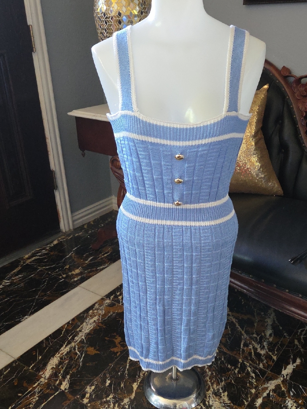 Light Blue Knit  Dress  with White Trim